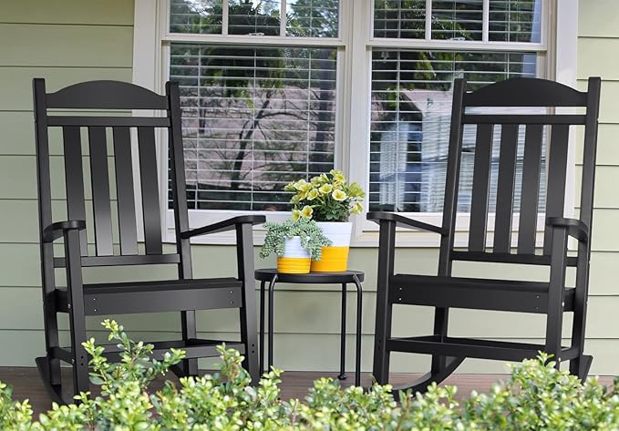 Devoko HDPE Rocking Chair Plastic Outdoor Indoor Patio Rocker Chair High Back All Weather Rocker for Patio Backyard Porch Garden (Black) - Image 2