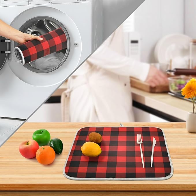 Christmas Red Black Buffalo Plaid Dish Drying Mat - Image 4