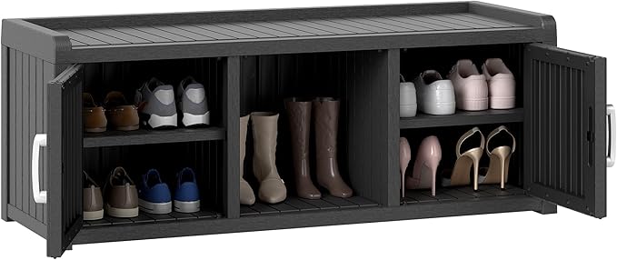 2-Tier Storage Bench, Waterproof UV-Resistant Outdoor Shoe Storage Cabinet with 2 Doors & Adjustable Shelves for Indoor Outdoor Entryway, Hallway, Living Room(Black) by NBYSGO