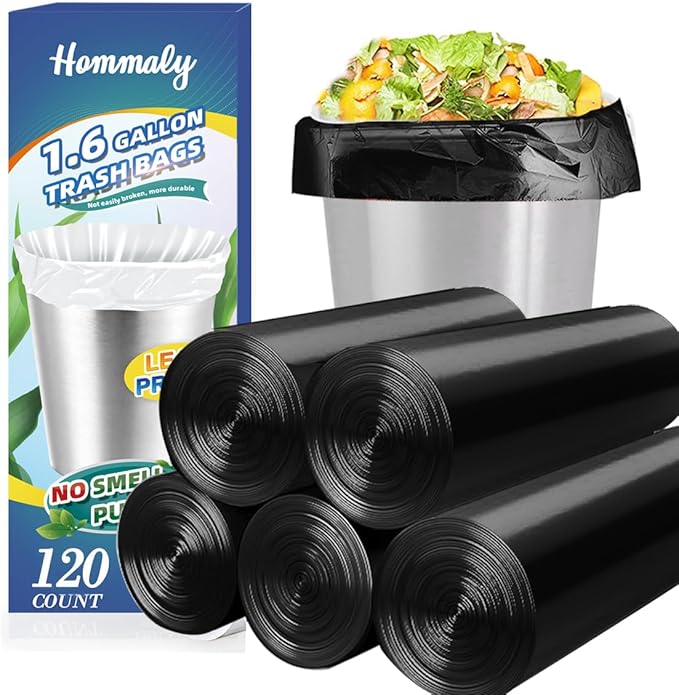 1.6 Gallon 120 pcs Small Black Trash Bags, Strong 1.3 Gallon 1.5 Gallon 1.6 by HOMMALY