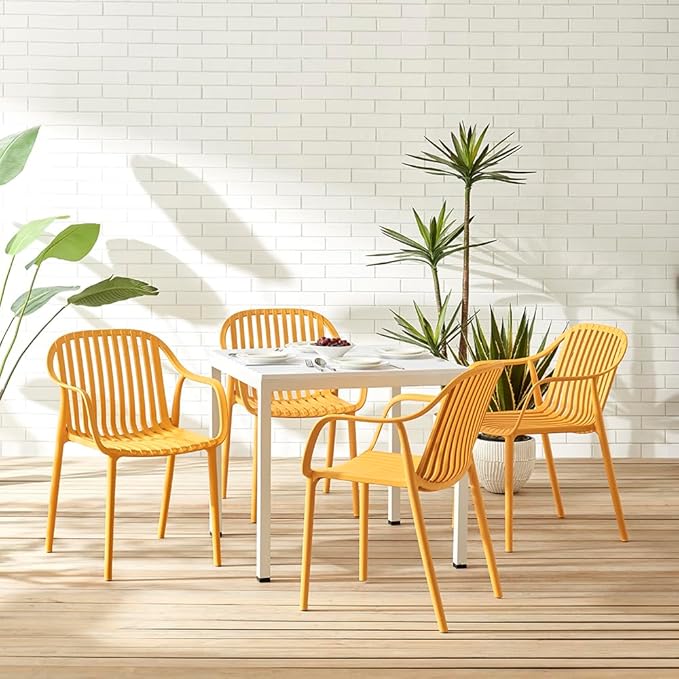 Modern Stackable Outdoor & Indoor Plastic Dining Chairs Set, Armchairs Set, Weather-Resistant, Ideal for Patios, Cafes, and Home Use, Set of 4 (Mustard Yellow) - Image 2