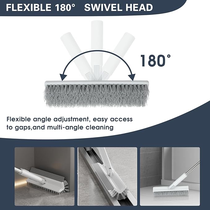 Floor Scrub Brush with Long Handle, 2 in 1 V-Shape Grout Brush with Squeegee + - Image 2