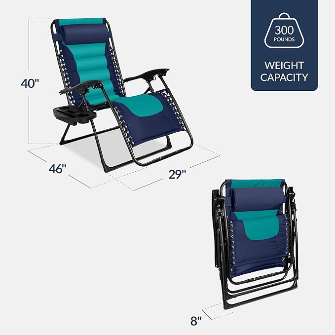 Best Choice Products Oversized Padded Zero Gravity Chair, Folding Outdoor Patio Recliner, XL Anti Gravity Lounger for Backyard w/Headrest, Cup Holder, Side Tray, Polyester Mesh - Navy/Teal - Image 3