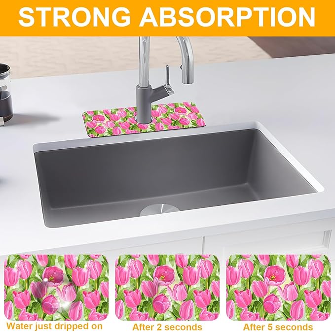 2 Pack Watercolor Tulips Sink Faucet Absorbing Mat Pink Tulips Super Absorbent - Image 5