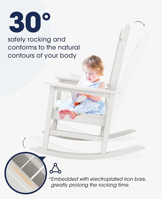 KINGYES Oversized Outdoor Rocking Chair Set of 2, All-Weather Patio Rocking Chairs for Porch, HDPE Outdoor Patio Rockers with High Back & Wide Seat for Garden, Lawn, White - Image 5