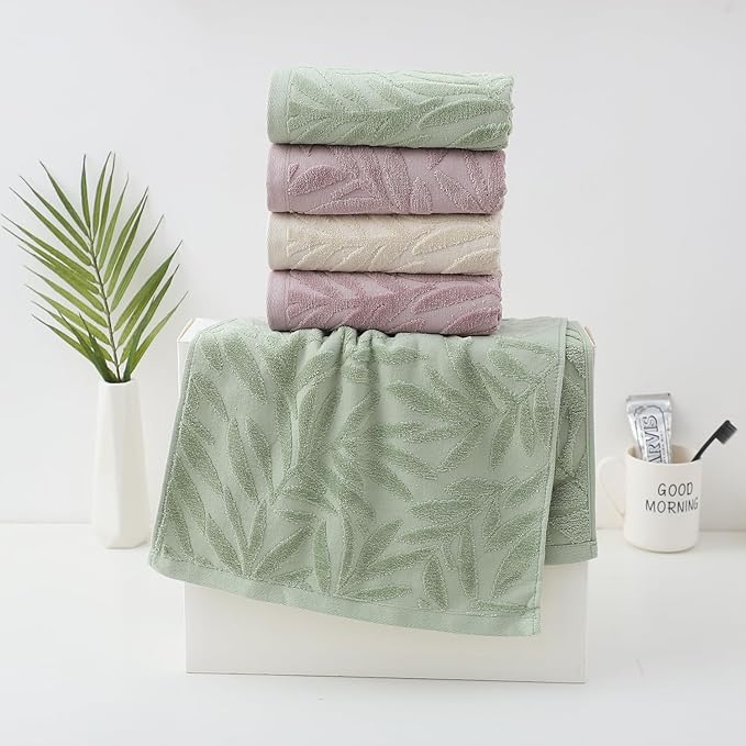 Pidada Hand Towels Set of 4 Leaf Pattern 100% Cotton Absorbent Soft Decorative - Image 3