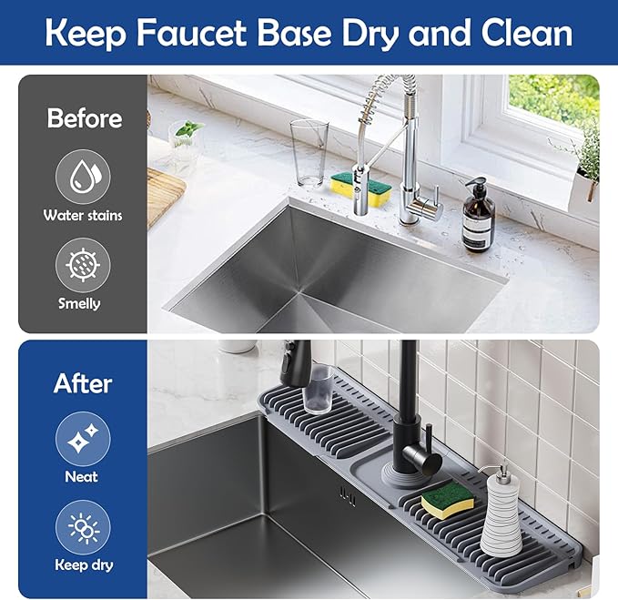 24"Longer Silicone Faucet Mat For Kitchen Sink Splash Guard -7° Slope Snap - Image 9
