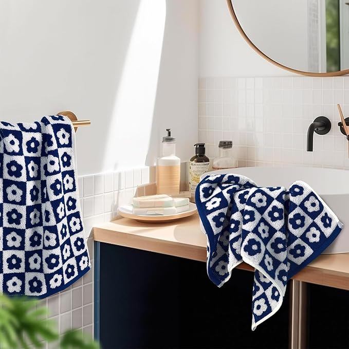 Jacquotha Cotton Hand Towels Navy Checkered Floral - Image 2
