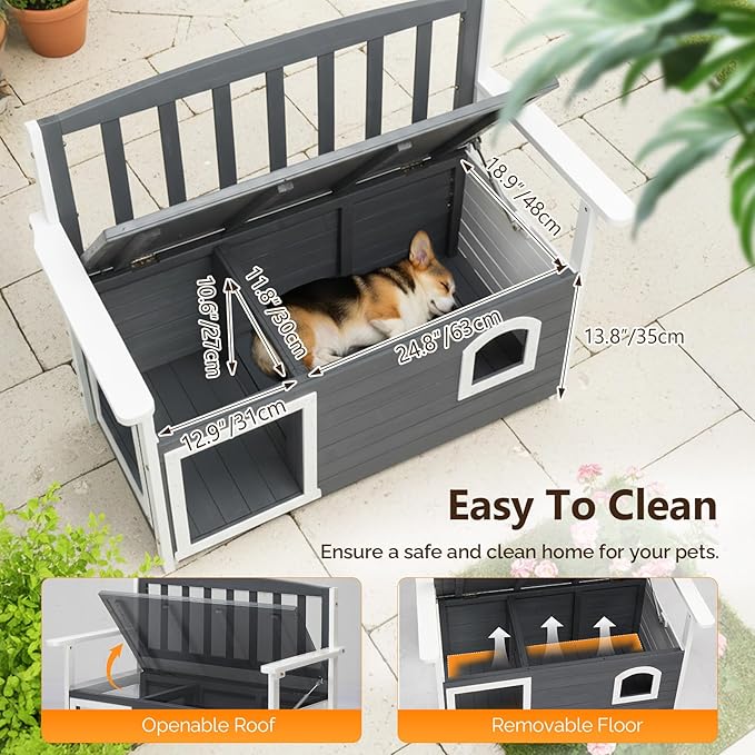 VINGLI Outdoor Storage Bench with Built-in Dog House, 2-in-1 Outdoor Waterproof Patio Bench with Pet Kennel for Patio Backyard Porch (Gray) - Image 4