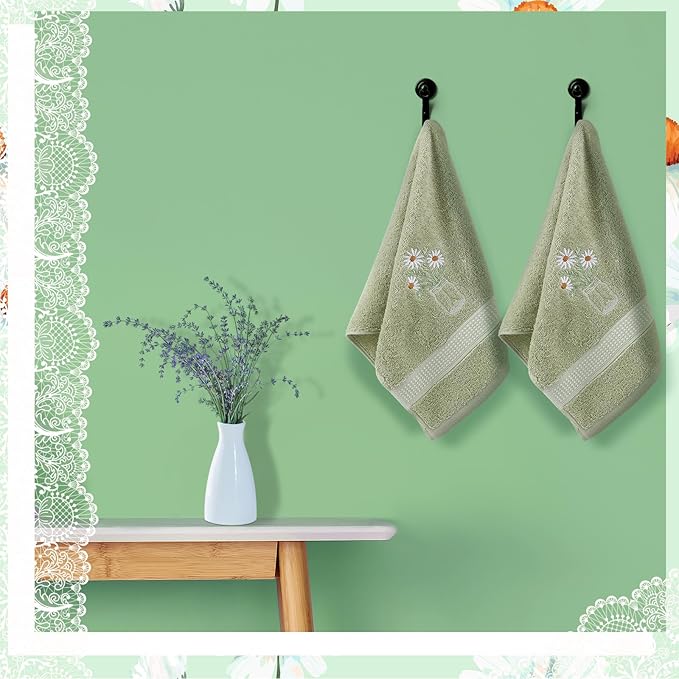 2 Pcs Daisy Flower Hand Towels Gray Green Bathroom Decor 14x29 Inch Embroidered - Image 4