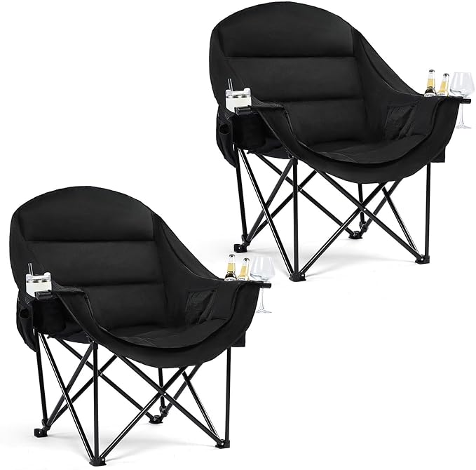 Oversized Camping Chair for Adults - Heavy Duty Outdoor Padded Large Lawn Camp Chair with Cup Holder Cooler Pockets for Sports Beach Fishing Garden Portable Supports 500lbs, AllBlack 2 Pack by PUVASIA