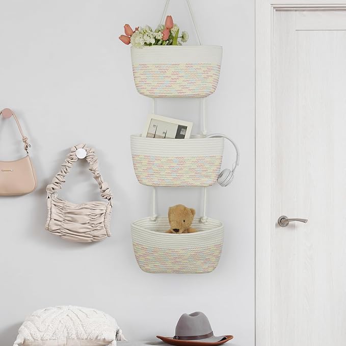 TeoKJ 3-Tier Woven Cotton Wall-Mounted Hanging Storage Baskets, Over the Door - Image 3