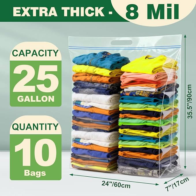 10 PACK 25 Gallon Extra Large Storage Bags, 35.5"x 24"x 7" Resealable Clear - Image 2
