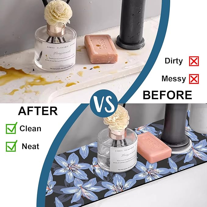 Blooming Lily Sink Splash Guard Faucet Mat Blue Lily Flowers Super Absorbent - Image 6