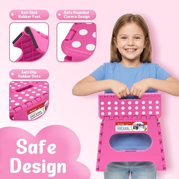 ACSTEP Folding Step Stool 11 Inch, Sturdy Plastic Foldable Step Stool for Kids & Adults, Non Slip Lightweight Collapsible Foot Stools Holds 300 lbs, Ideal for Kitchen, Bathroom, Bedroom, Rose red - Image 3