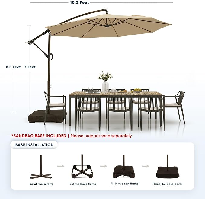 wikiwiki 10ft Patio Umbrella with Base Included, Outdoor Offset Cantilever Umbrella with Sandbag Base for Backyard, Garden and Pool, Easy to Tilt and Crank, Tan - Image 6