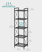 SONGMICS 5-Tier Metal Storage Rack, Shelving Unit with X Side Frames, Dense Mesh, 12.6 x 15.7 x 57.3 Inches, for Entryway, Kitchen, Living Room, Bathroom, Industrial Style, Ink Black UBSC145B01 - Image 3