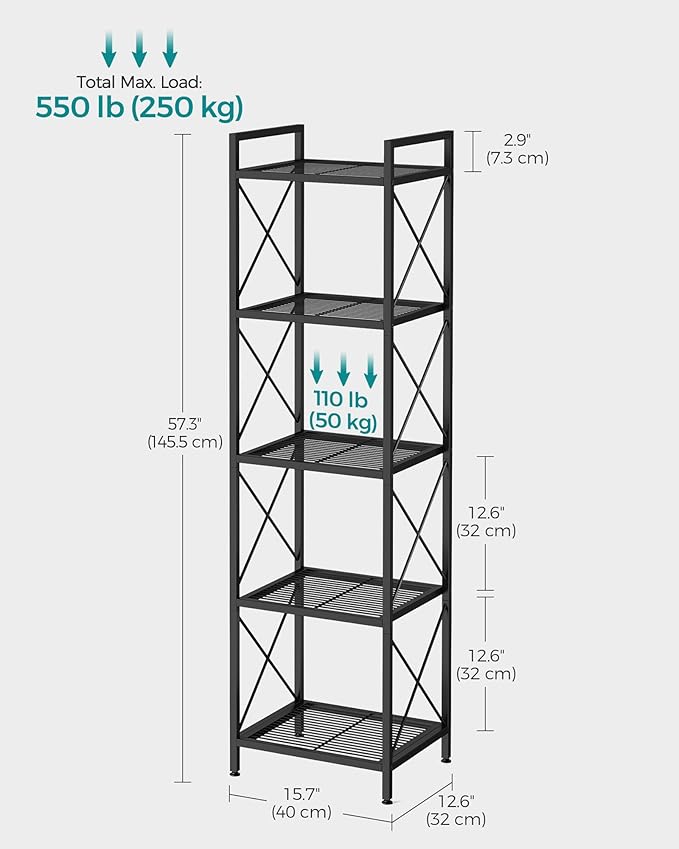 SONGMICS 5-Tier Metal Storage Rack, Shelving Unit with X Side Frames, Dense Mesh, 12.6 x 15.7 x 57.3 Inches, for Entryway, Kitchen, Living Room, Bathroom, Industrial Style, Ink Black UBSC145B01 - Image 3