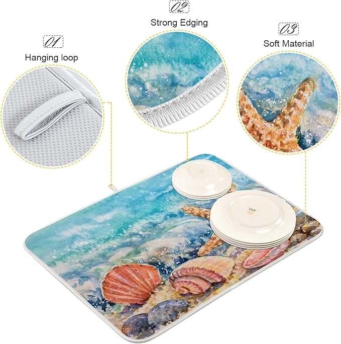 ALAZA Summer Beach Seashells01 Star On Sand Dish Drying Mat - Image 4