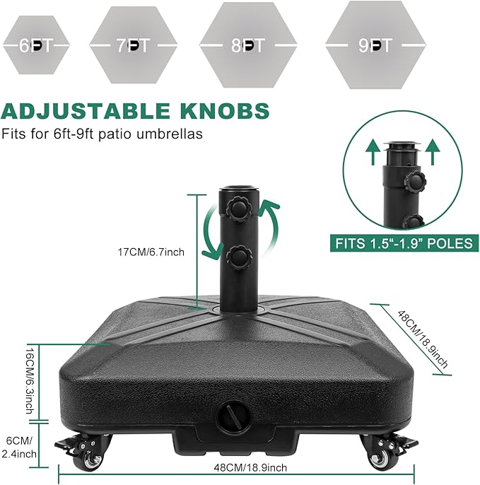 Patio Umbrella Base Heavy Duty with Wheels Square Market Stand for Outdoor 4 Locks 2 Knobs 125lb Capacity, Black - Image 2