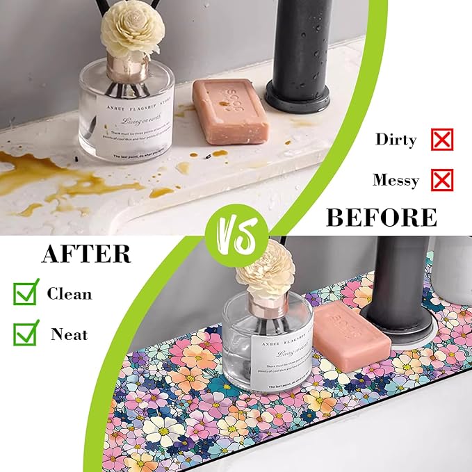 Sink Faucet Absorbing Mat Cute Flowers Sink Splash Guard Drying Mat - Image 6