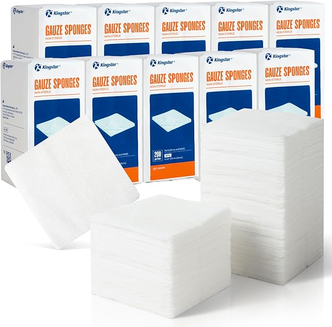 2000 Pack Gauze Sponges 4x4 Inch 8-Ply, 100% Cotton Large Gauze Pads by Kingstar