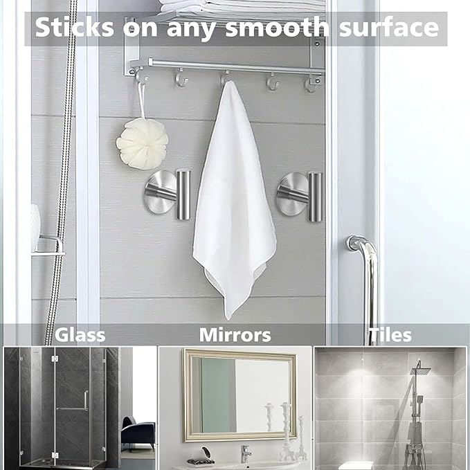 Adhesive Towel Hooks Heavy Duty Wall Hooks Stainless Steel Waterproof Shower - Image 4