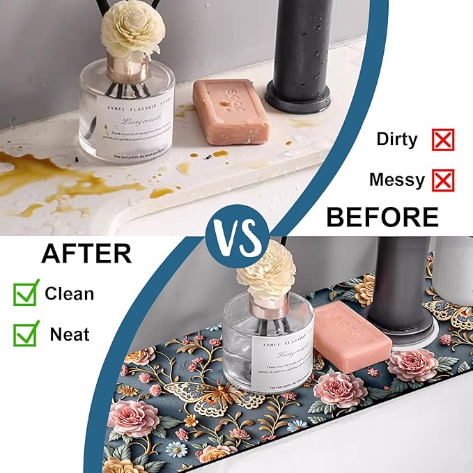 Gold Butterfly Kitchen Sink Splash Guard Faucet Mat Pink Floral Super Absorbent - Image 6