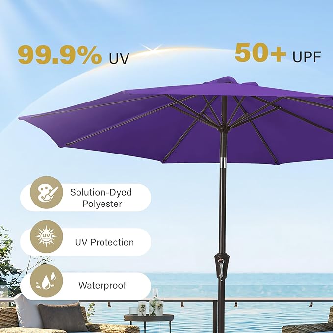 MEWAY 9ft Patio Umbrella Outdoor Table Umbrellas with Push Button Tilt and Crank, Market Umbrella 8 Sturdy Ribs for Deck, Garden, Pool and Backyard, Dark Purple - Image 5