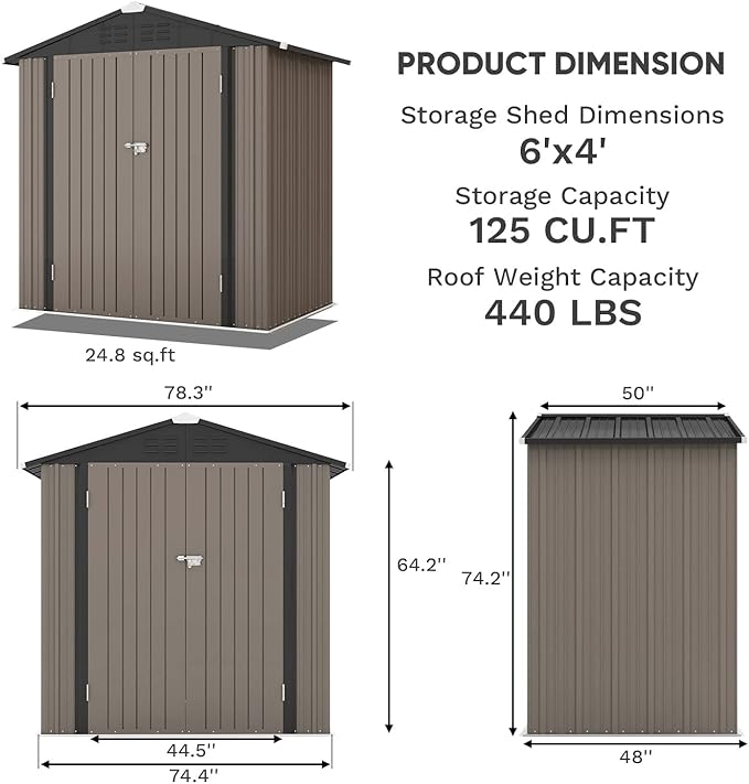 Patiowell 6x4 FT Outdoor Storage Shed, Garden Tool Storage Shed with Sloping Roof and Double Lockable Door, Outdoor Shed for Garden Backyard Patio Lawn, Brown - Image 5