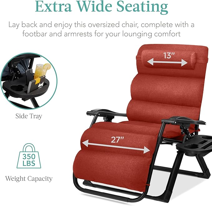 Best Choice Products Oversized Zero Gravity Chair, Folding Outdoor Patio Recliner, XL Anti Gravity Lounger w/Removable Cushion, Cup Holder, Side Tray, 350lb Capacity - Burnt Orange - Image 5