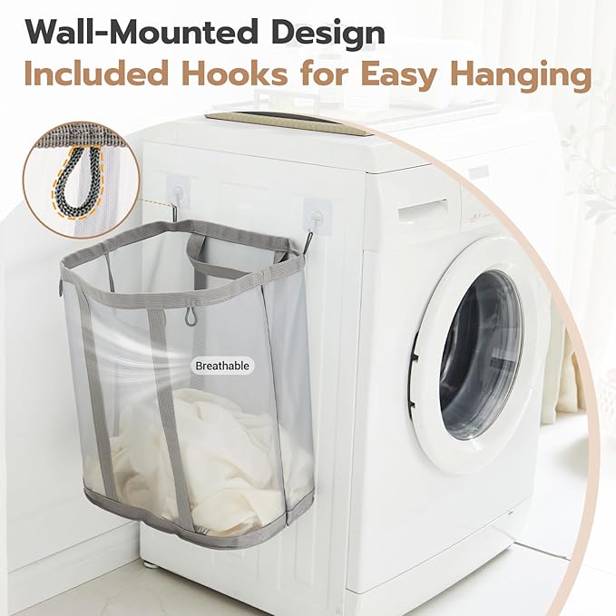 Mesh Laundry bag with Handles, 42L Collapsible Laundry Basket with 2 Hooks - Image 4