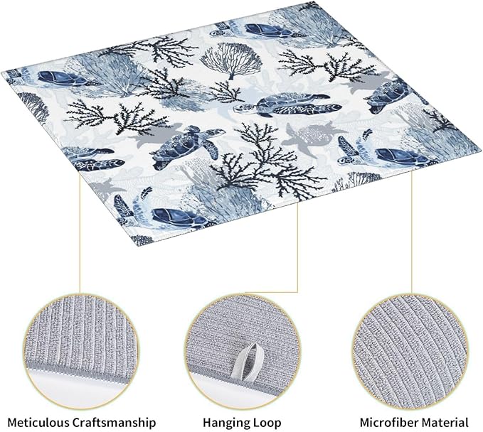 Nautical Blue White Sea Turtle & Coral Dish Drying Mats - Image 7