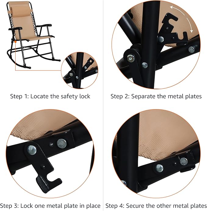 Amazon Basics Outdoor Portable Folding Rocking Chair with Headrest, Ergonomic Design, Weather-resistant Patio Reclining Lounge Chair for Porch, 33.6 x 37.4 x 26 inch, Beige - Image 7