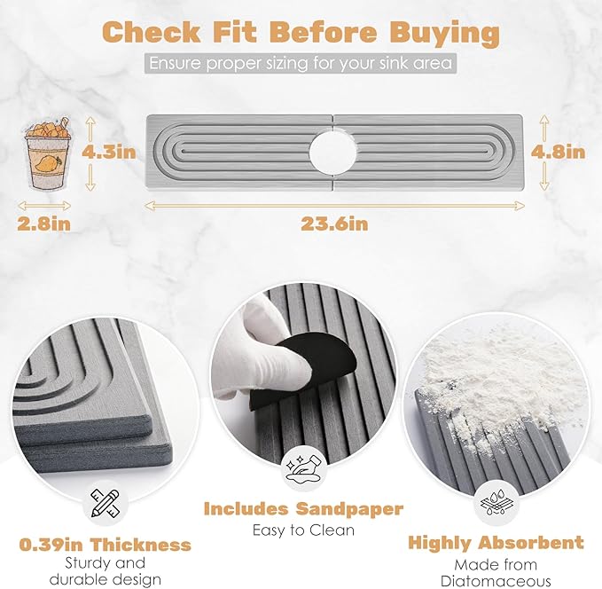 23.6''x4.8''Stone Faucet Mat for Kitchen Sink, Diatomite Quick Dry Kitchen Sink - Image 4