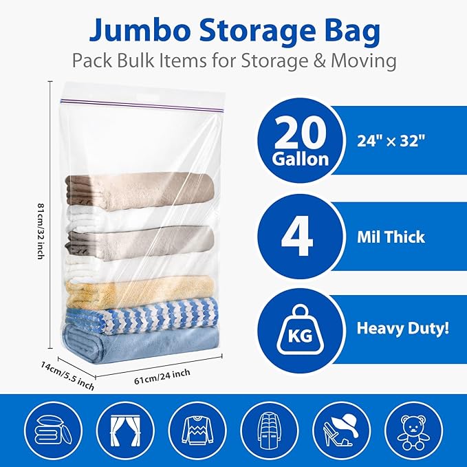 20 Gallon Jumbo Storage Bags, 24 x 32 Heavy Duty Ziplock Storage Bag Resealable - Image 2