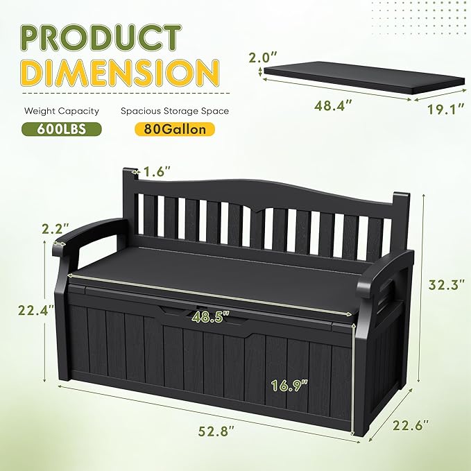 Greesum 80 Gallon Outdoor Storage Bench Deck Box with Cushion & Armrest, Lockable, Waterproof UV Resistant, Comfortable Seating for Patio, Pool, Garden, Black - Image 3
