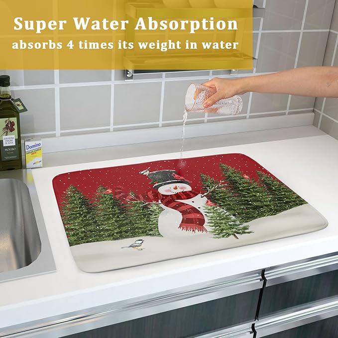 Christmas Dish Drying Mat for Kitchen Counter Red Xmas Snowman Trees Birds - Image 7