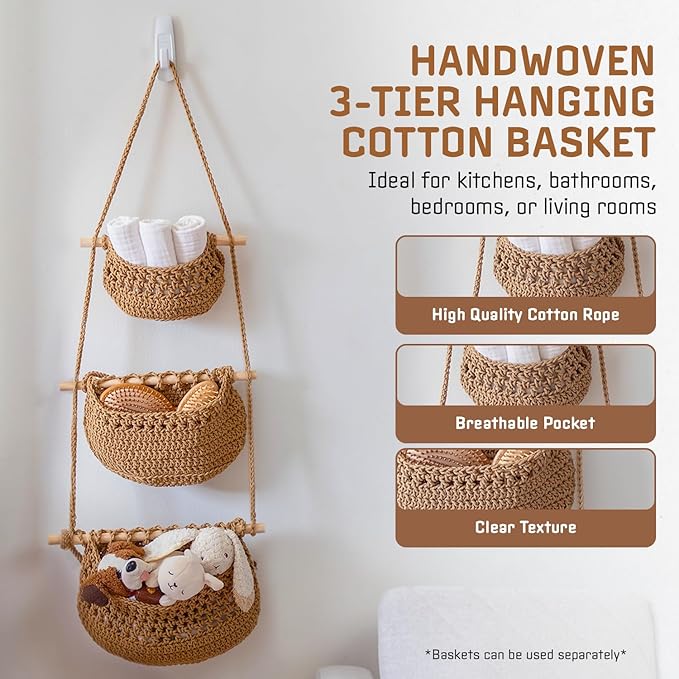 Cotton Hanging Fruit Basket, 3 Tier Woven Wall Basket, Hanging storage baskets - Image 4