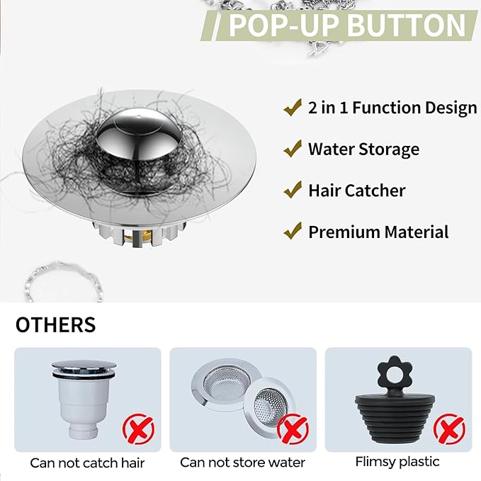 Kitchen Sink Drain Strainer 3 in 1, 304 Stainless Steel Pop Up Sink Stopper - Image 6