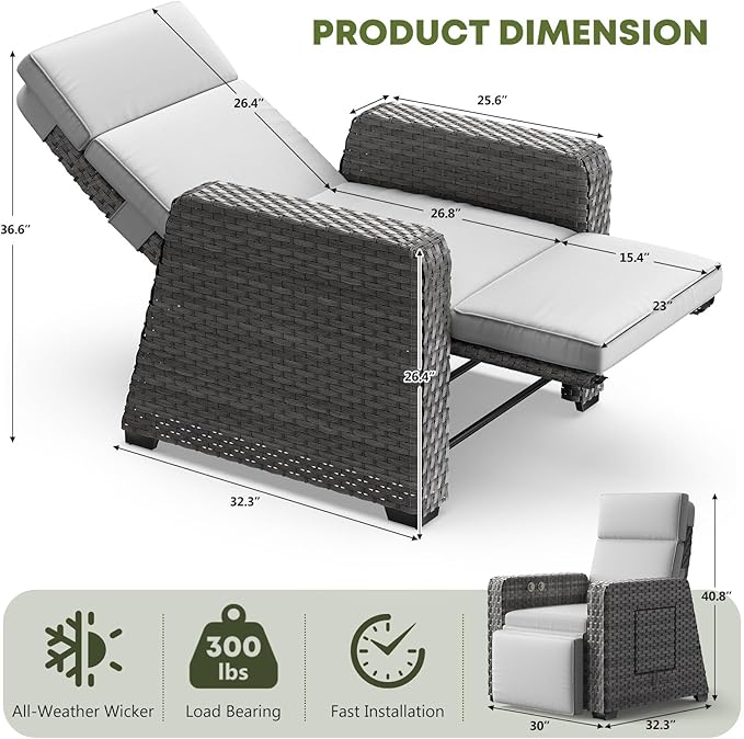 WACASA 3-Pieces Outdoor Recliners with Independent Dual-Control – 150° Lay-Flat Wicker Patio Armchair with Air Pump, Flip-Up Side Table, Extended Footrest & 5" Thick Fade-Resistant Olefin Cushions - Image 2
