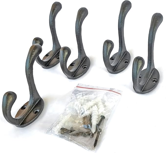 Ambipolar 5 Pack Decorative Cast Iron Heavy Duty Double Hooks, Wall Mounted - Image 2