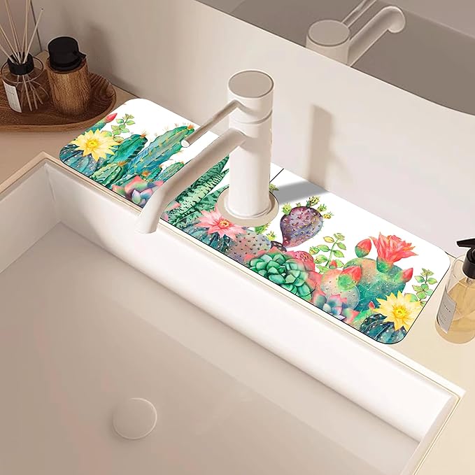 Watercolor Cactus Floral Sink Faucet Absorbing Mat Sink Splash Guard Faucet Mat - Image 2