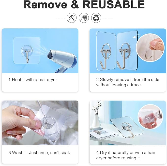 Adhesive Hooks Removable Wall Hooks 13 LB Ceiling Hook Transparent Seamless - Image 8