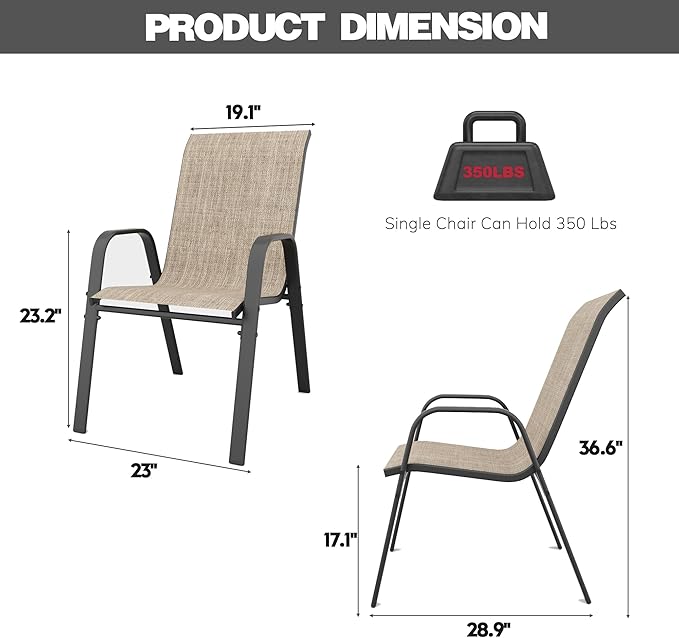 Patio Chairs Set of 6, Stackable Outdoor Dining Chairs for All Weather Textilene Fabric & Metal Frame, Outdoor Chairs Set for Backyard Deck Garden - Image 6