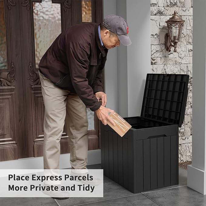 Flamaker Deck Box 31 Gallon Waterproof Resin Small Deck Box with Lid, Indoor Outdoor Package Delivery Box, Organization and Storage for Patio Furniture, Garden Tools, Outdoor Cushions (Black) - Image 7