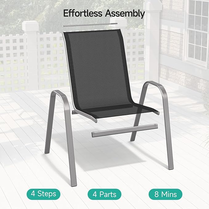 Patio Chairs Set of 6, Easily Set Up Stackable Outdoor Dining Chairs with High Back and Wide Seat, All Weather Breathable Outdoor Chairs Set of 6 with Metal Frame for Backyard Deck Pool, Black - Image 4