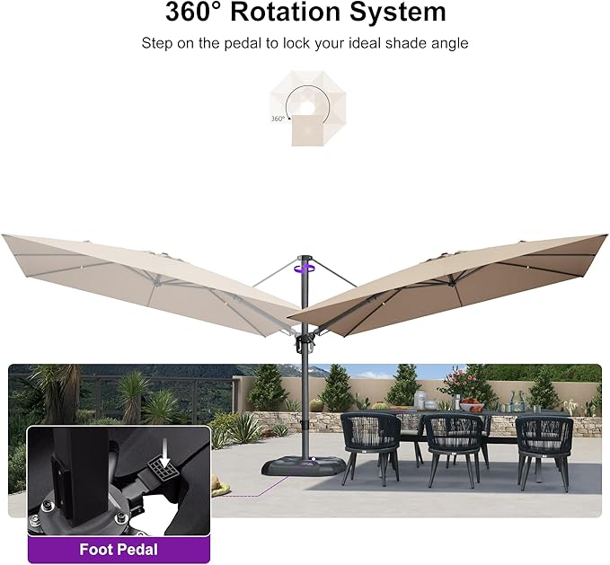 PURPLE LEAF 11.5' X 8.2' Tilting Patio Umbrella with Base Outdoor Cantilever Swivel Rectangle Umbrella Aluminum Offset Umbrella with 360-degree Rotation for Garden Deck Pool Patio Beige - Image 7