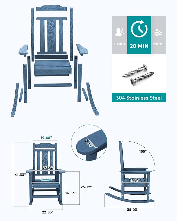 SERWALL Outdoor Rocking Chair Blue Set of 8, All Weather Patio Rocking Chair, HDPE Poly Rocking Chair for Adults, Heavy Duty Front Porch Rocker - Image 4