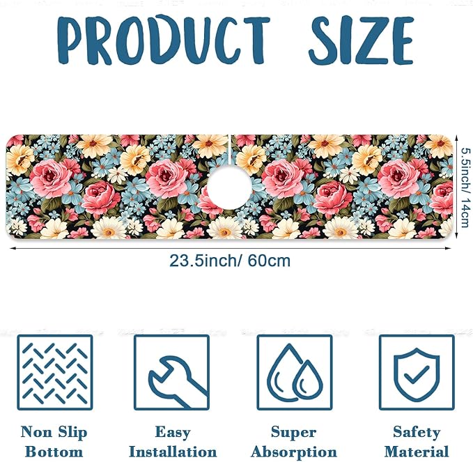 Colorful Flowers Sink Faucet Absorbing Mat Vintage Floral Super Absorbent Fast - Image 2